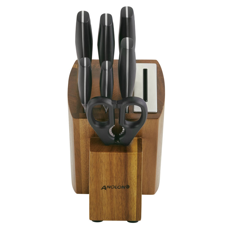 Anolon Cutlery Japanese Carbon Steel 8 Piece Knife Block Set with Built-In Sharpener