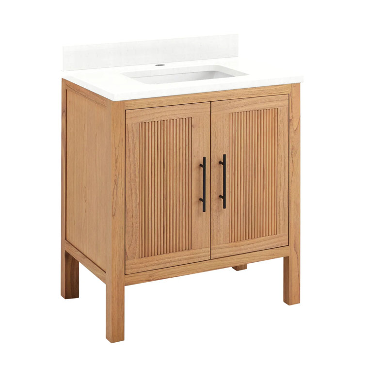Feathered White and Natural Wood Single Bathroom Vanity with Matte Black Handles