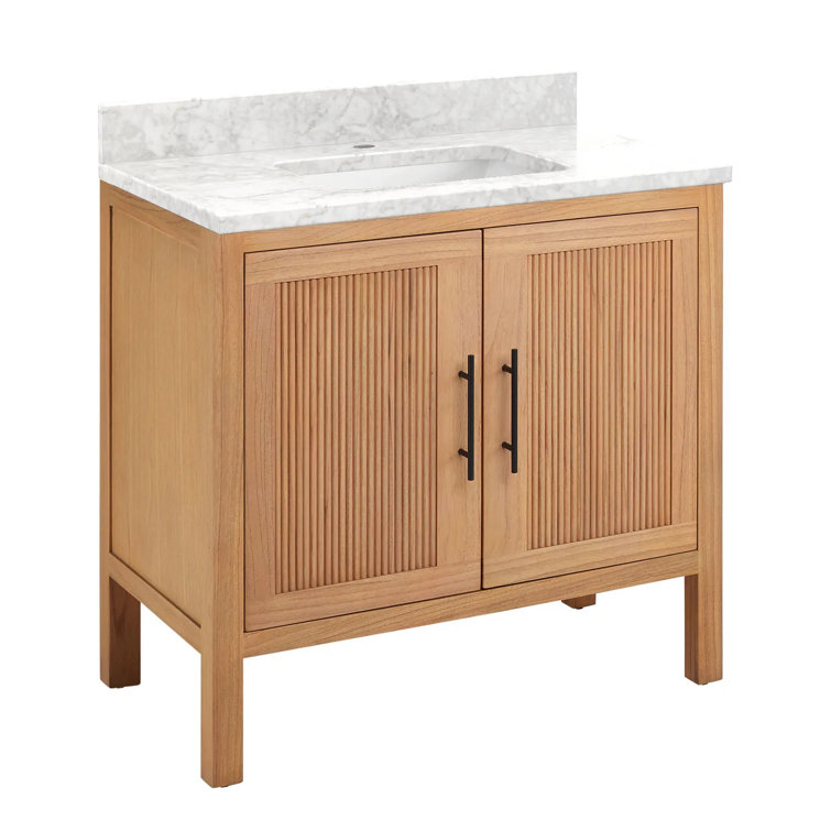 Ayanna Natural Wood 36" Single Bathroom Vanity with White Marble Top