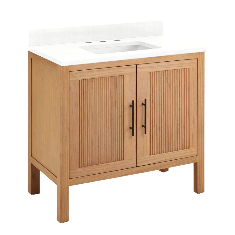 36" Feathered White Quartz Single Bathroom Vanity with Natural Wood Finish