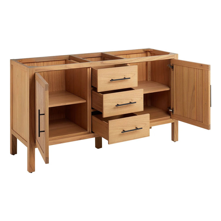 60" Natural Wood Double Bathroom Vanity with Arctic White Quartz Top