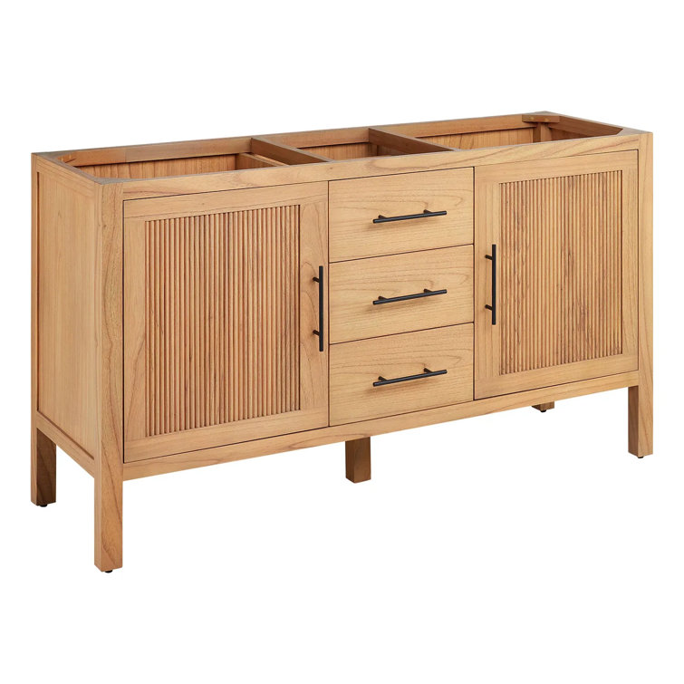 60" Natural Wood Double Bathroom Vanity with Arctic White Quartz Top