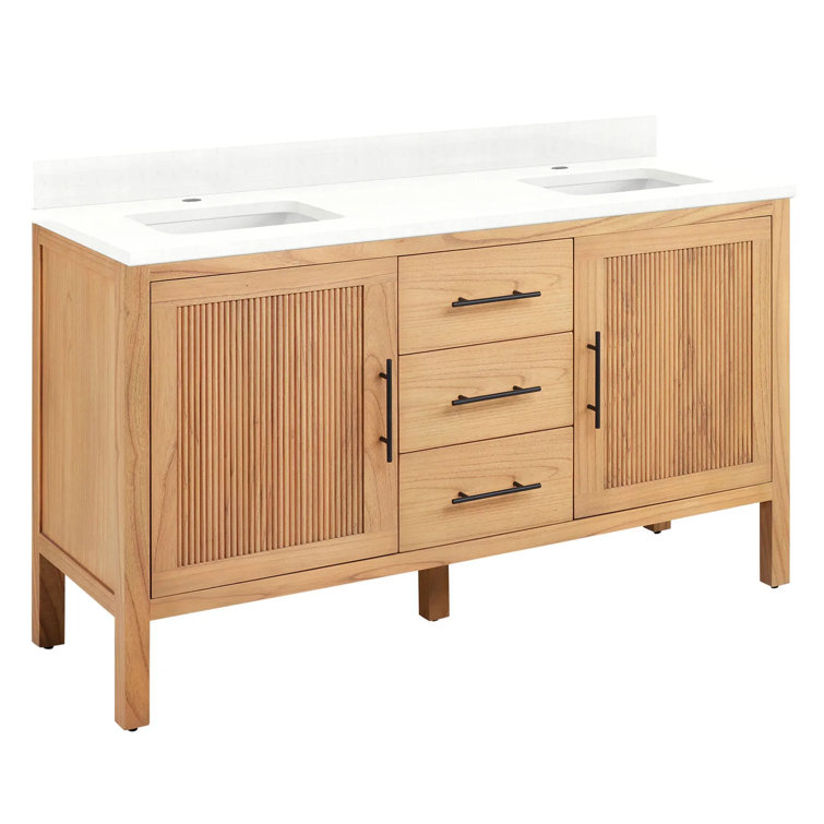 60" Feathered White Quartz Double Vanity with Natural Wood Finish