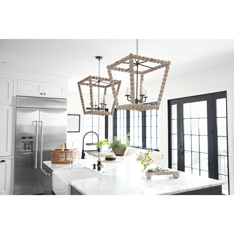 Coastal Charm Birch Wood 4-Light Lantern Pendant, Natural Finish
