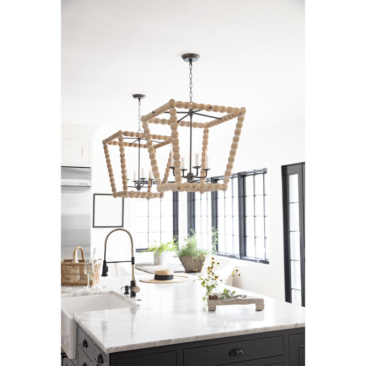 Coastal Charm Birch Wood 4-Light Lantern Pendant, Natural Finish