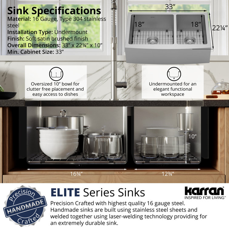 33'' Stainless Steel Farmhouse Double Bowl Kitchen Sink