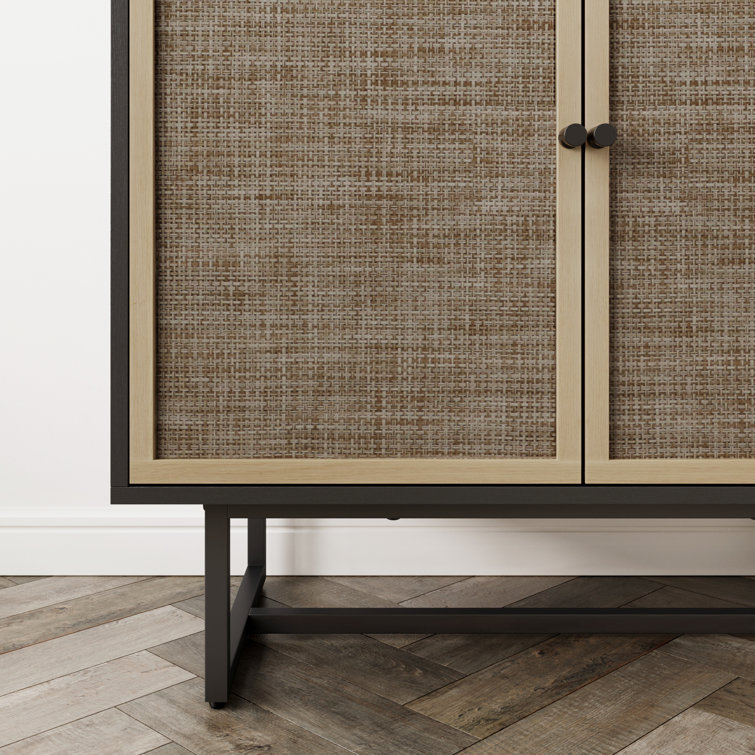 Black Oak and Rattan Freestanding Cabinet with Adjustable Shelves