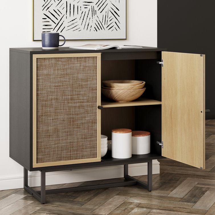 Black Oak and Rattan Freestanding Cabinet with Adjustable Shelves