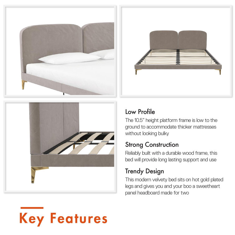 King Taupe Velvet Upholstered Platform Bed with Gold Legs