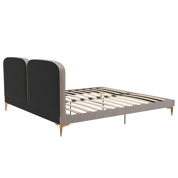 King Taupe Velvet Upholstered Platform Bed with Gold Legs