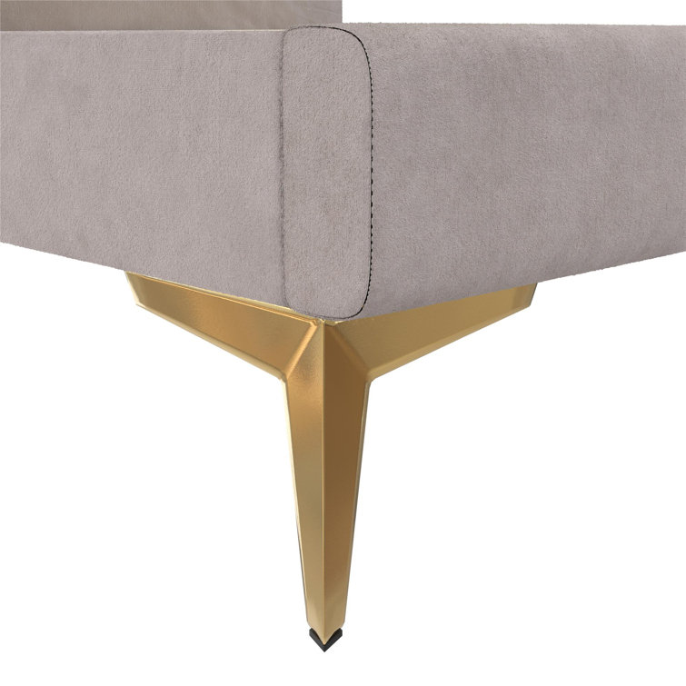 King Taupe Velvet Upholstered Platform Bed with Gold Legs
