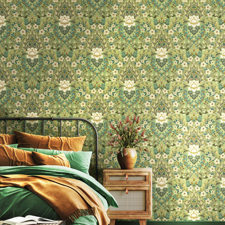 Green and Gold Non-Woven Floral Damask Wallpaper Roll