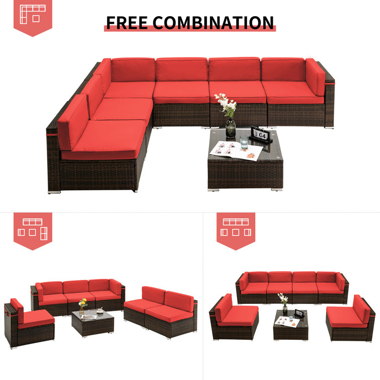 Wine Red 7-Piece Rattan Outdoor Sectional Sofa Set with Cushions