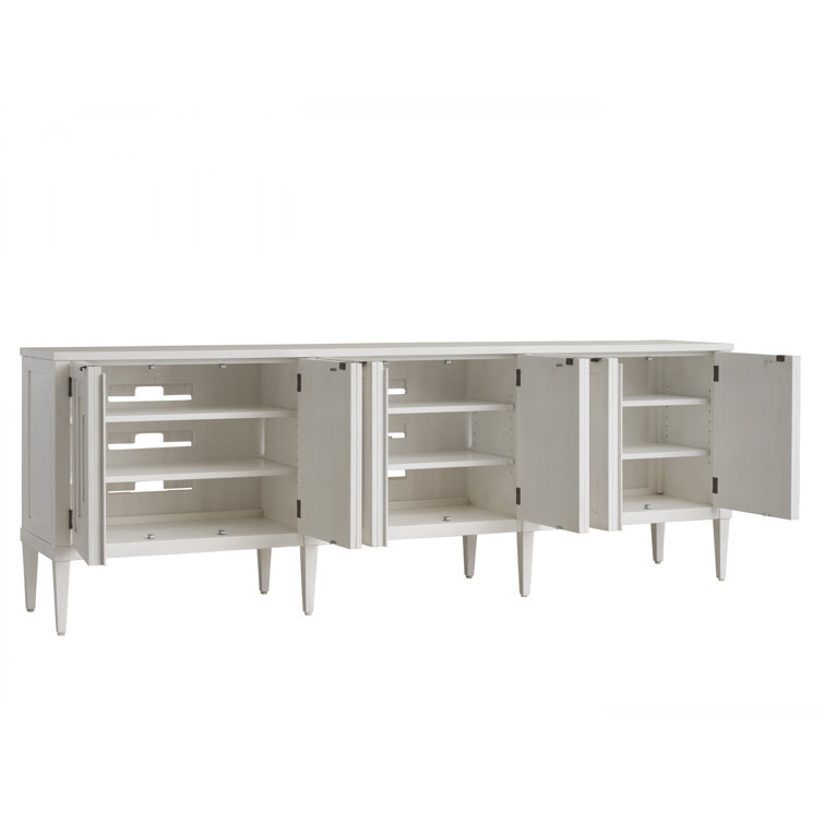 White Mid Century Modern Long Media Console with Cabinet
