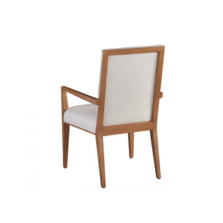 Mid Century Modern White Linen Upholstered Arm Chair with Wood Frame