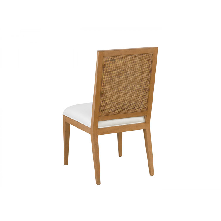 Mid-Century Modern Linen-White Upholstered Cane Side Chair in Brown