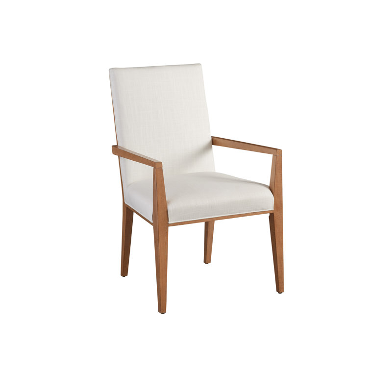 Mid Century Modern White Linen Upholstered Arm Chair with Wood Frame