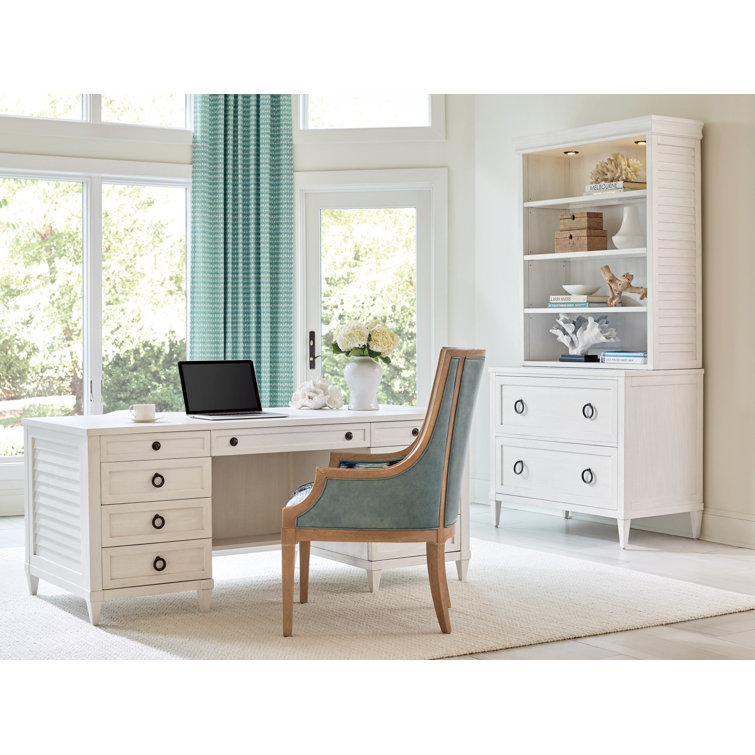White Wood Executive Desk with Drawers and Power Outlet