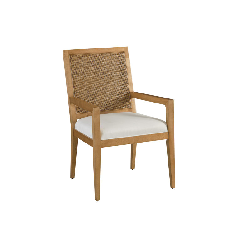 Mid-Century Linen Upholstered Cane Arm Chair in White/Brown