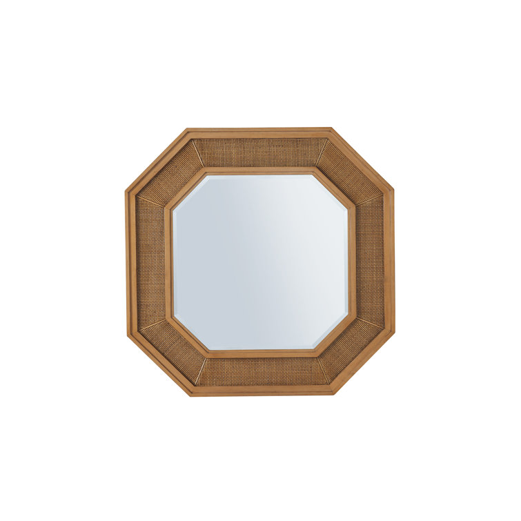 Brown Octagonal Wood Wall Mirror with Cane Inset