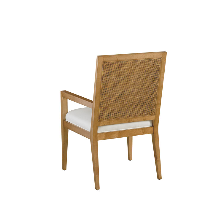 Mid-Century Linen Upholstered Cane Arm Chair in White/Brown