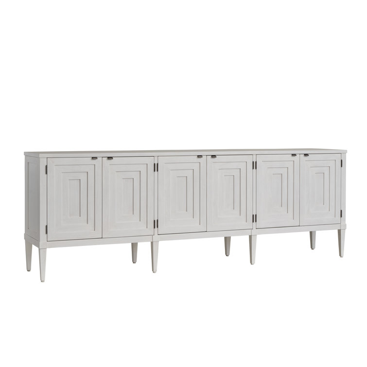 White Mid Century Modern Long Media Console with Cabinet