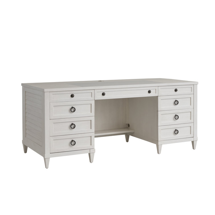 White Wood Executive Desk with Drawers and Power Outlet