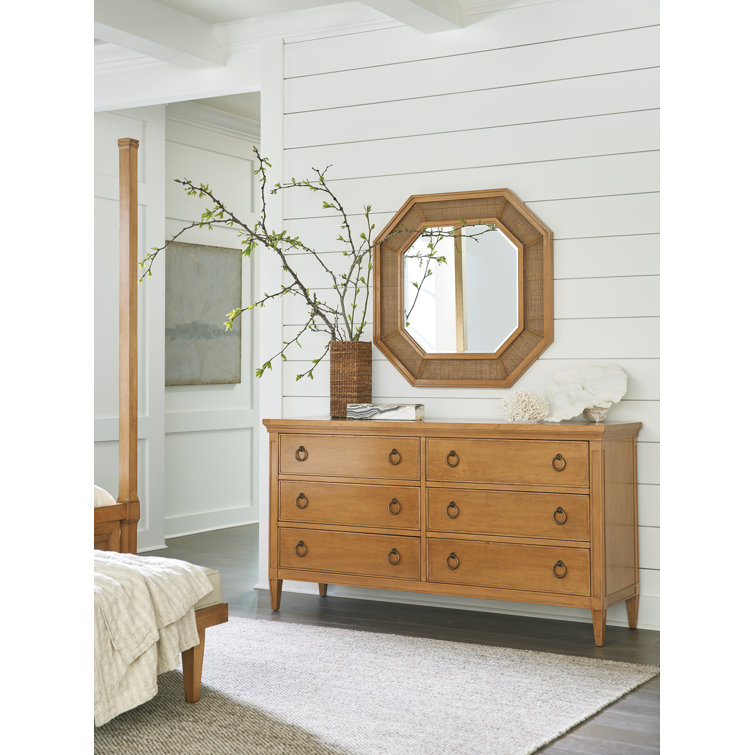 Brown Octagonal Wood Wall Mirror with Cane Inset