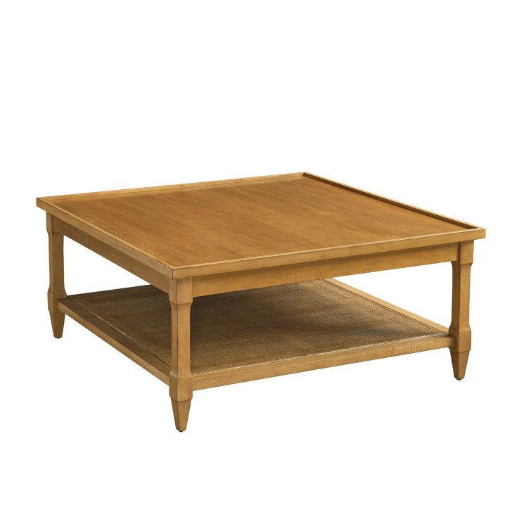 Mid Century Modern Brown Wood Square Coffee Table with Cane Shelf