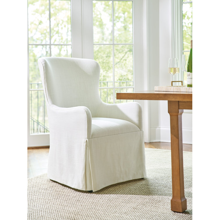 Mid-Century Modern White Linen Upholstered Wood Armchair