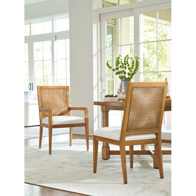Mid-Century Linen Upholstered Cane Arm Chair in White/Brown
