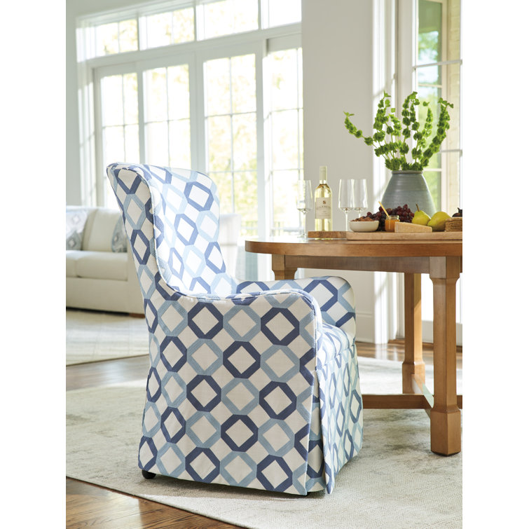 Blue Geometric Patterned Barrel Wingback Chair