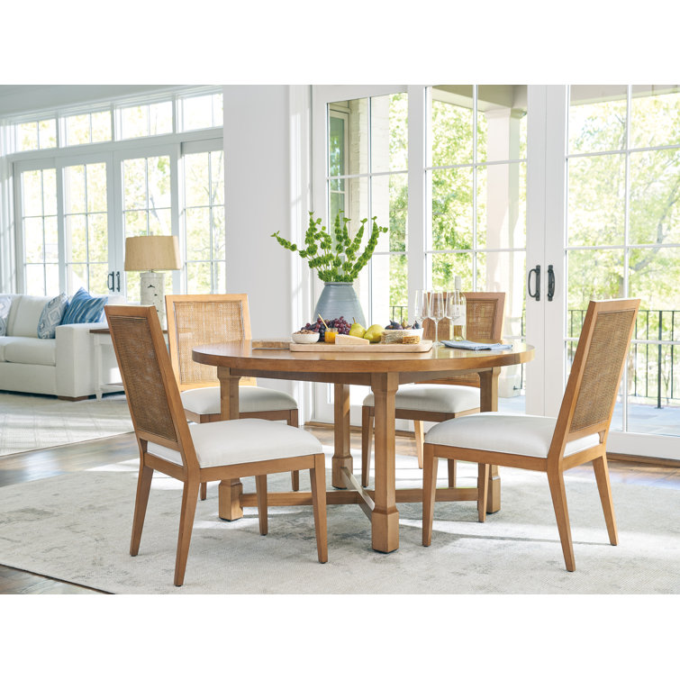 Mid-Century Modern Linen-White Upholstered Cane Side Chair in Brown