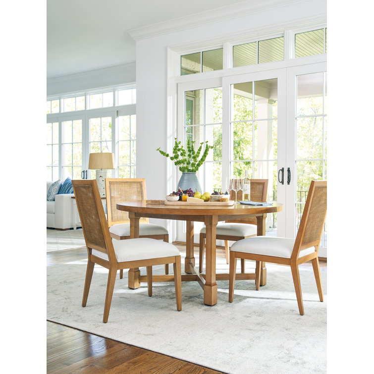 Mid-Century Modern Linen-White Upholstered Cane Side Chair in Brown