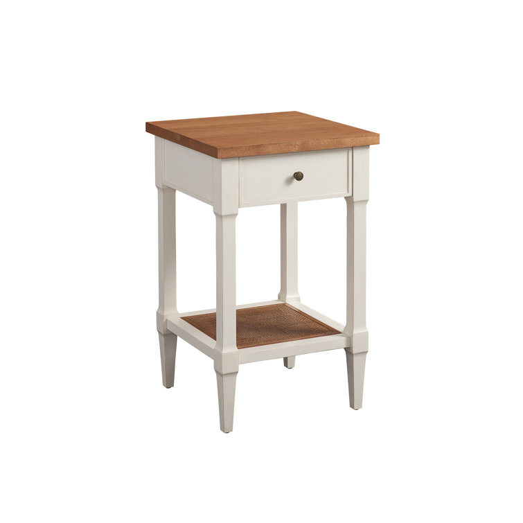 Mid-Century Modern Brown and White Solid Wood Nightstand with Cane Shelf