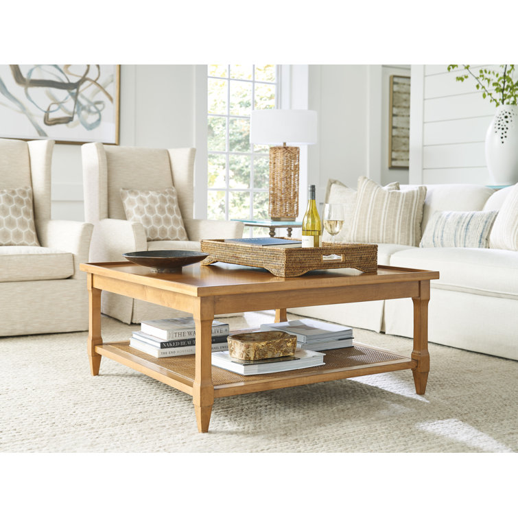Mid Century Modern Brown Wood Square Coffee Table with Cane Shelf