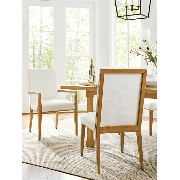 Mid Century Modern White Linen Upholstered Arm Chair with Wood Frame