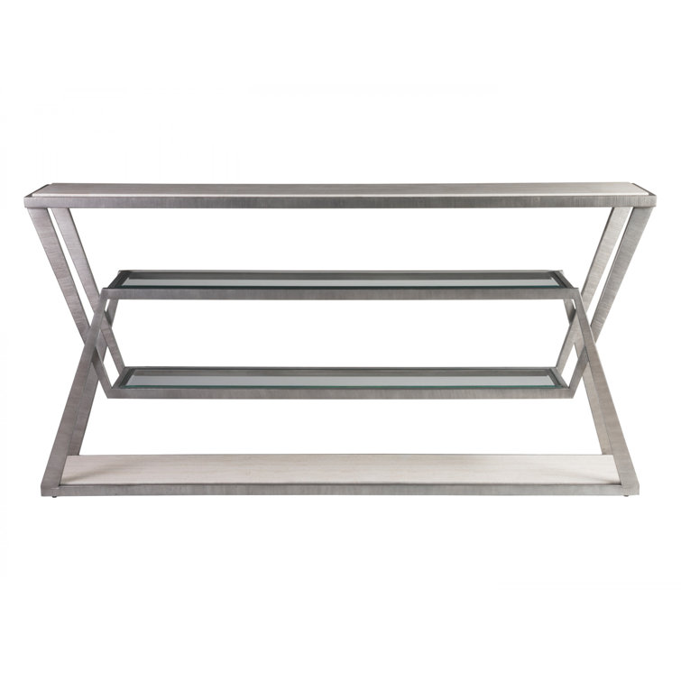 Adamo Silver and Beige Metal Glass Console Table with Storage
