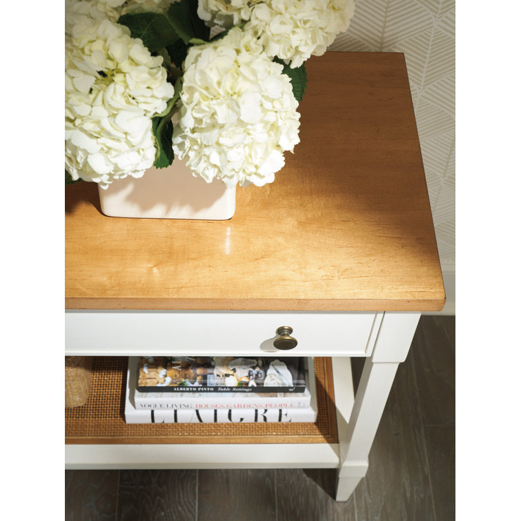 Medium Wood and White 1-Drawer Nightstand with Cane Shelf