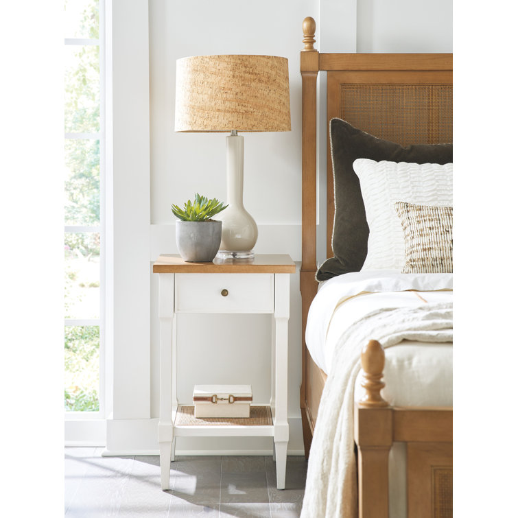 Mid-Century Modern Brown and White Solid Wood Nightstand with Cane Shelf