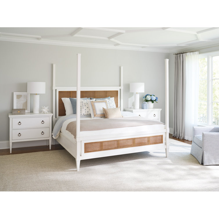 Elegant California King Linen Canopy Bed with Woven Cane Panels