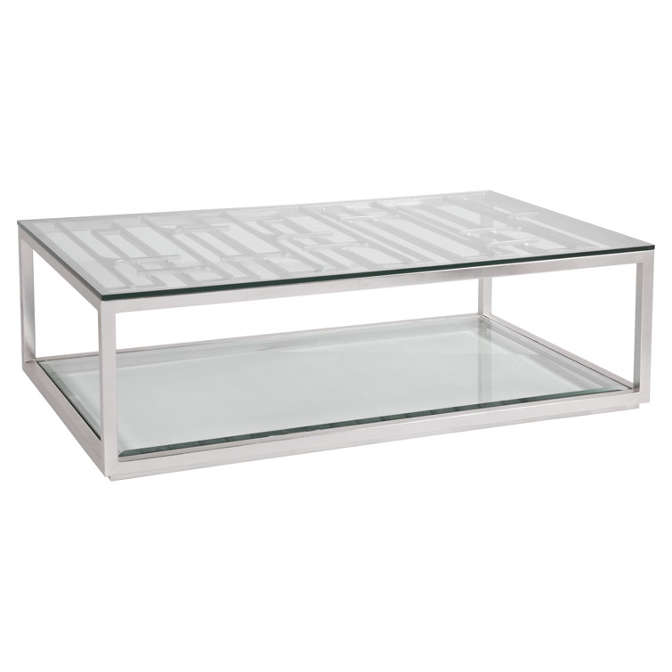 54'' Rectangular White Oak and Metal Grate Cocktail Table with Glass Shelf