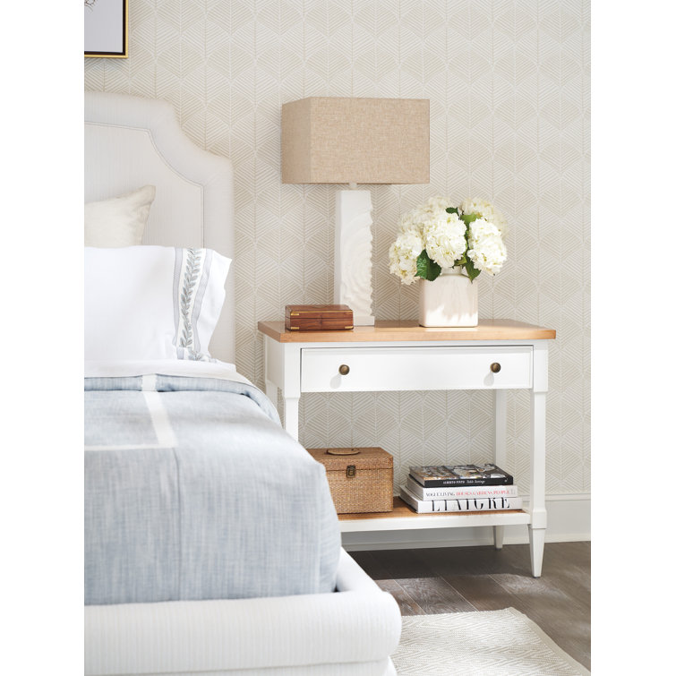 Medium Wood and White 1-Drawer Nightstand with Cane Shelf