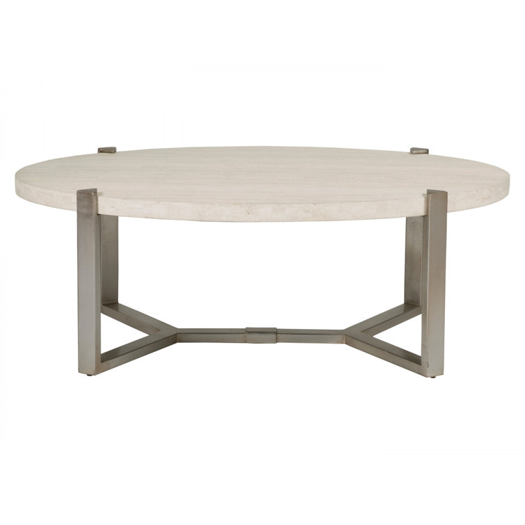 Mid-Century Modern Beige Oval Cocktail Table with Silver Leaf Base