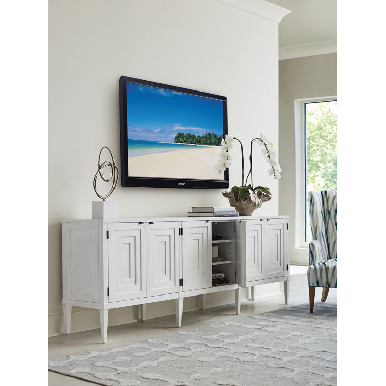 White Mid Century Modern Long Media Console with Cabinet