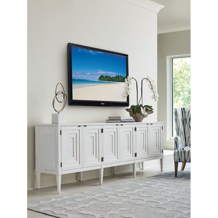 White Mid Century Modern Long Media Console with Cabinet