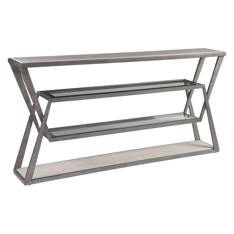 Adamo Silver and Beige Metal Glass Console Table with Storage