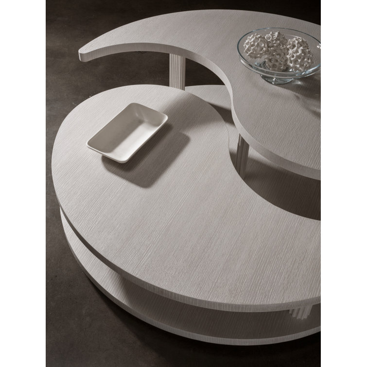 Misty White Gray Round Oak Mid Century Modern Coffee Table