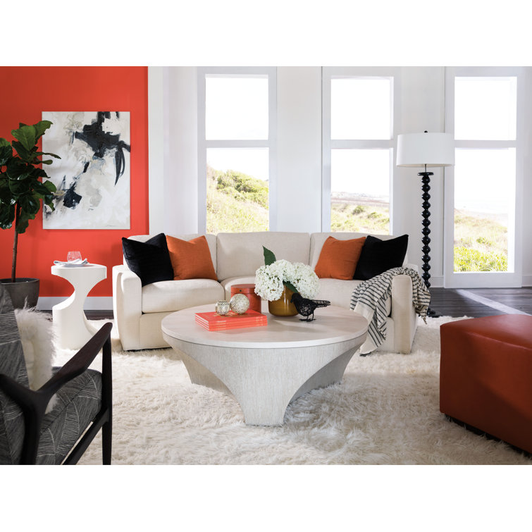 Beige Round Marble and Wood Cocktail Table