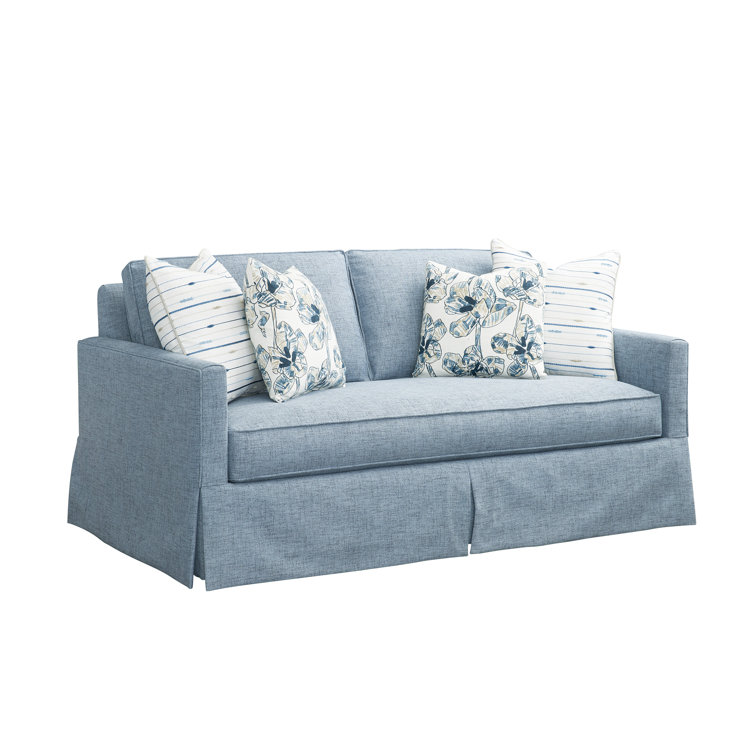 Elegant Blue Polyester Loveseat with Down Fill and Kickpleat Skirt